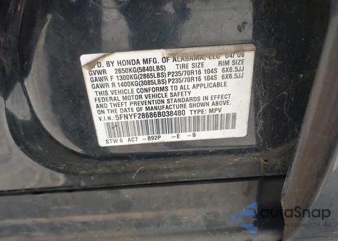 2006 Honda Pilot Ex-L z USA, uszkodzony, nr VIN 5FNYF28686B038480